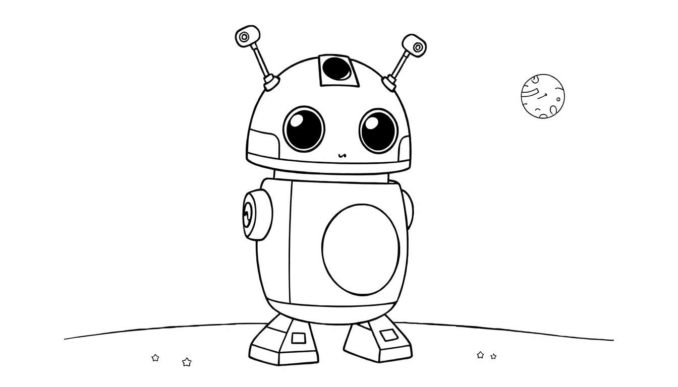 Un robot amigable de dibujos animados de Star Wars con grandes ojos redondos y antenas divertidas, esperando ser coloreado. Placa de color.