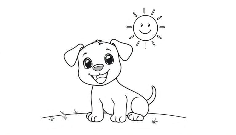 Placa de color de un cachorro sonriente bajo un sol brillante.