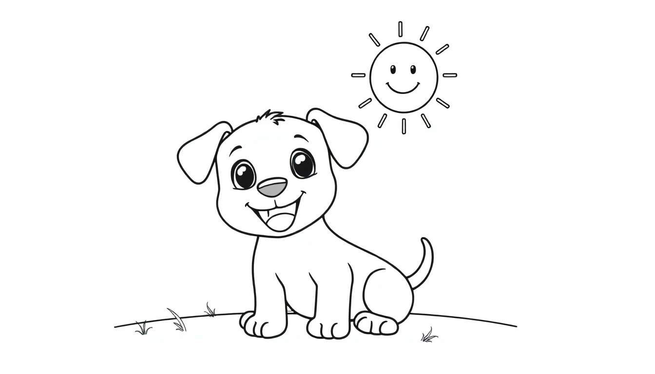 Placa de color de un cachorro sonriente bajo un sol brillante.