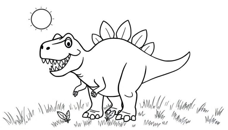 Dibujo lineal de un estegosaurio amigable con placas, listo para colorear, con sol y hierba. Cada placa de color será única.