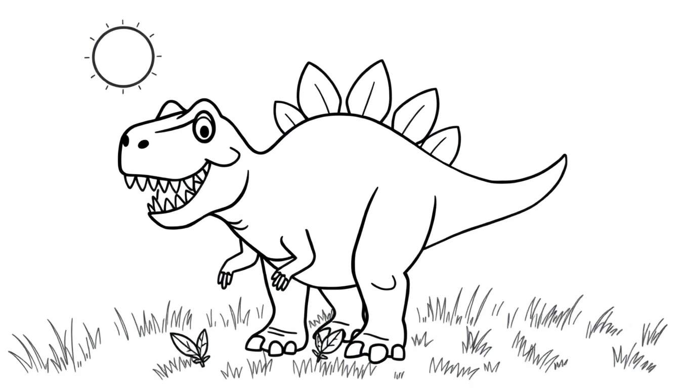 Dibujo lineal de un estegosaurio amigable con placas, listo para colorear, con sol y hierba. Cada placa de color será única.