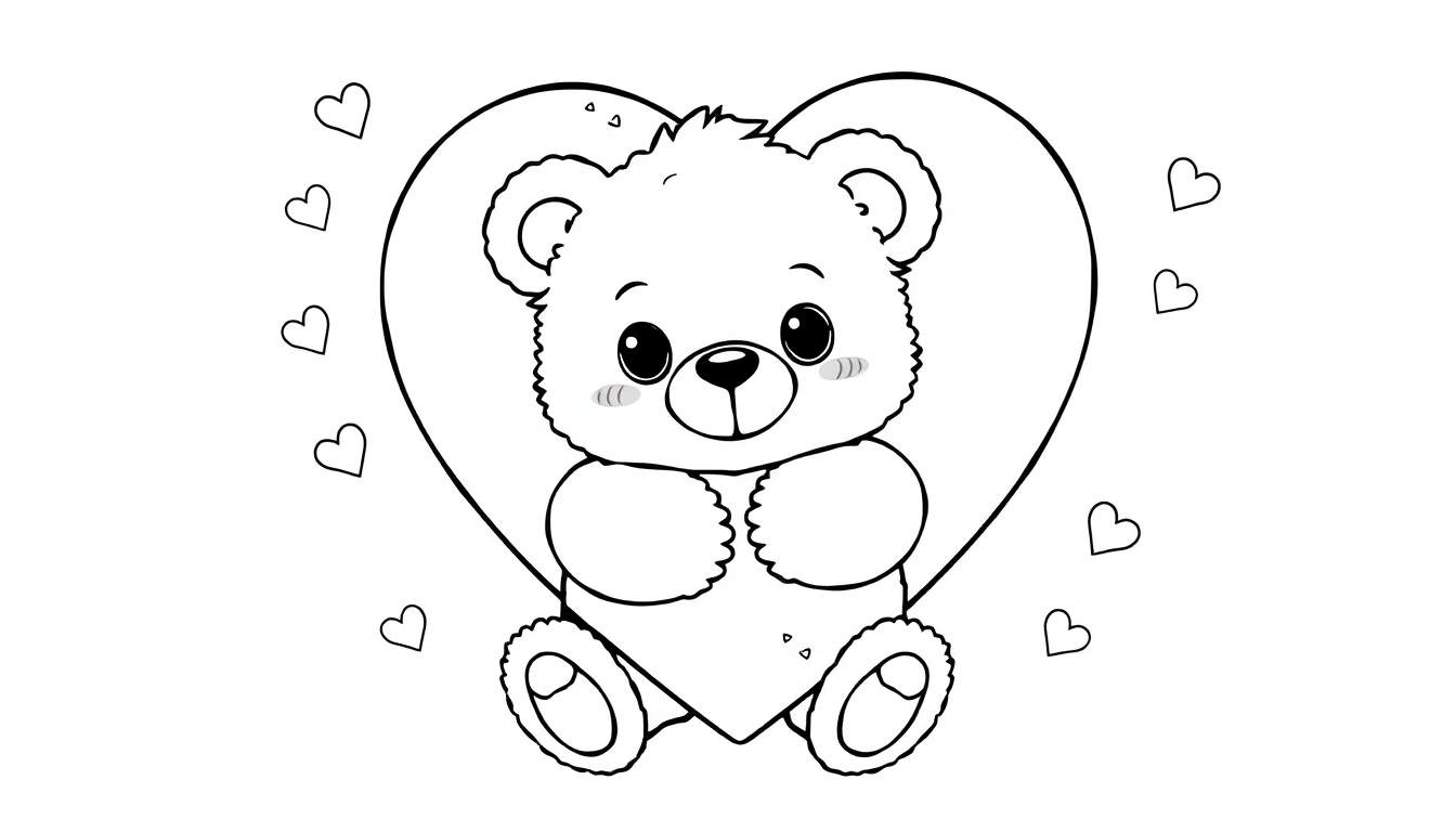 Placa de color con un oso de peluche abrazando un corazón.