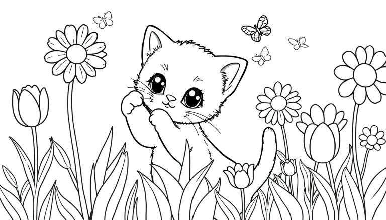 Placa de color con un gatito y flores.