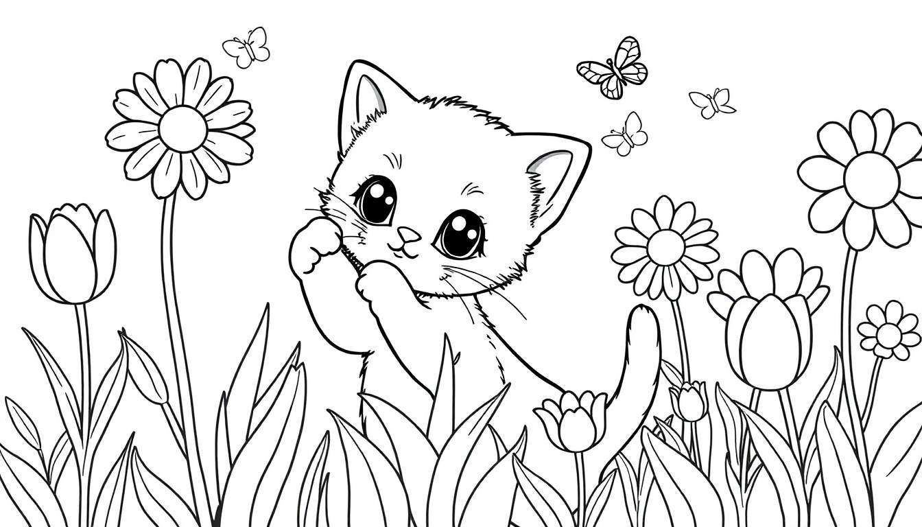Placa de color con un gatito y flores.