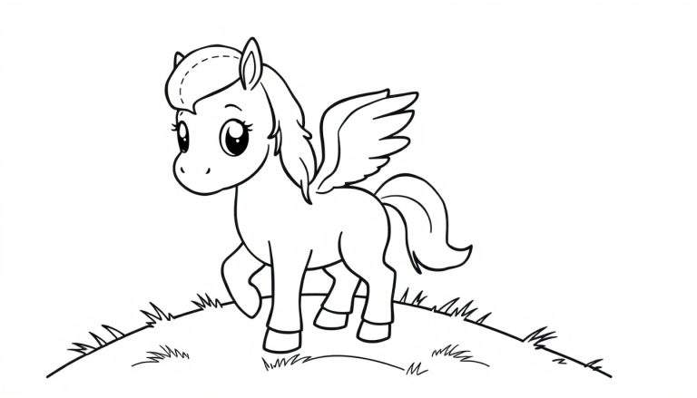 Placa de color de un lindo Pegaso bebé con alas, listo para colorear.