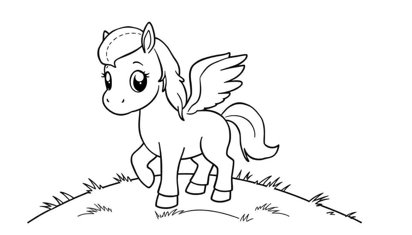 Placa de color de un lindo Pegaso bebé con alas, listo para colorear.