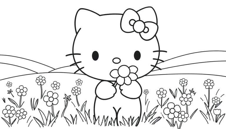 Placa de color de Hello Kitty en un campo de flores con montañas al fondo.
