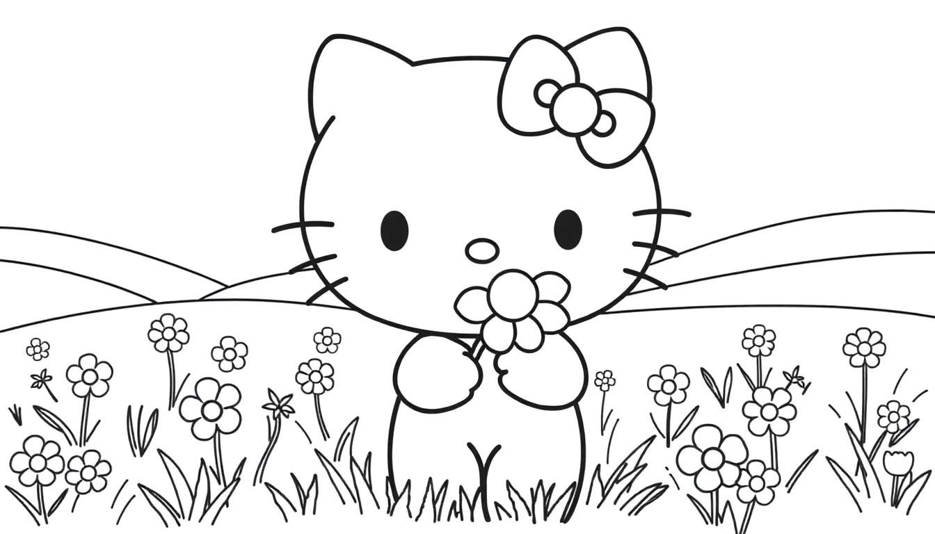 Placa de color de Hello Kitty en un campo de flores con montañas al fondo.