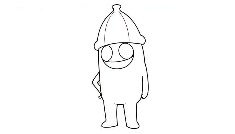 Tripulante de Among Us con sombrero de plátano, listo para colorear en una placa de color.