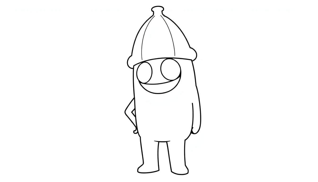 Tripulante de Among Us con sombrero de plátano, listo para colorear en una placa de color.