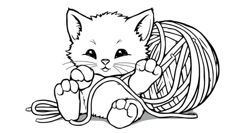 Placa de color de un gatito jugando con lana.