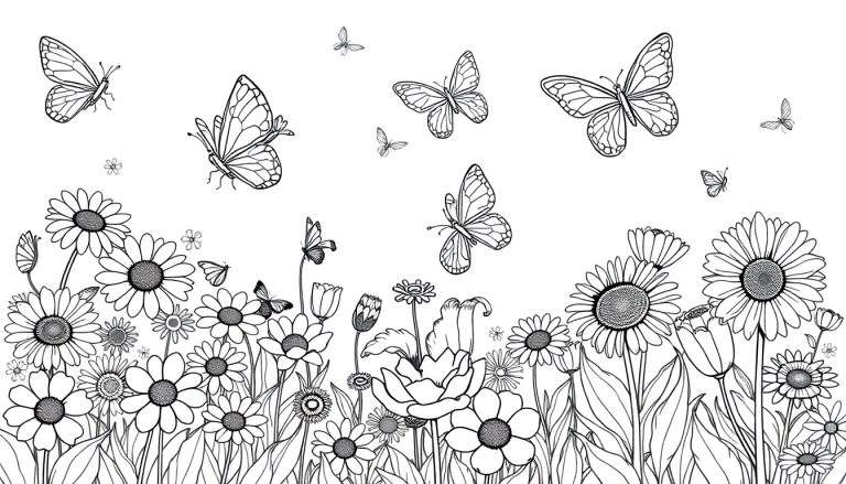 Placa de color con un jardín de flores y mariposas.