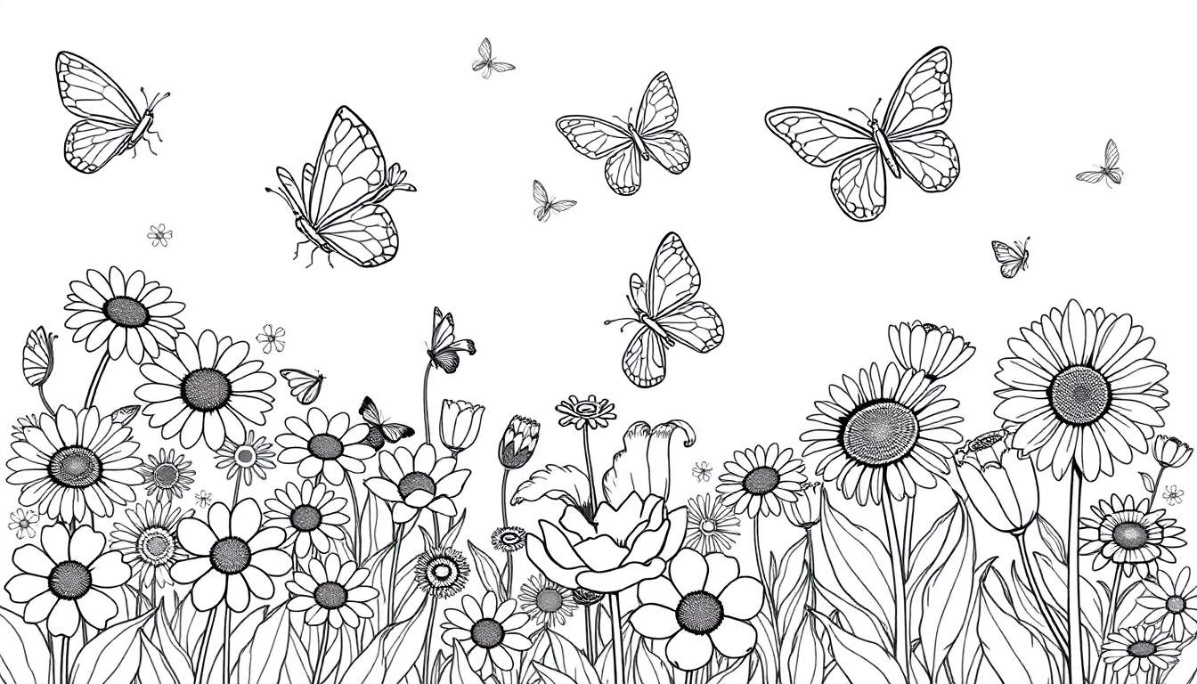 Placa de color con un jardín de flores y mariposas.