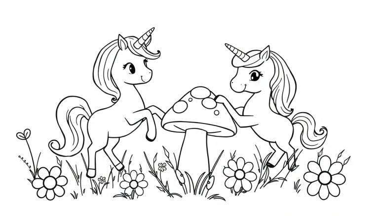 Placa de color con dos unicornios y un hongo.
