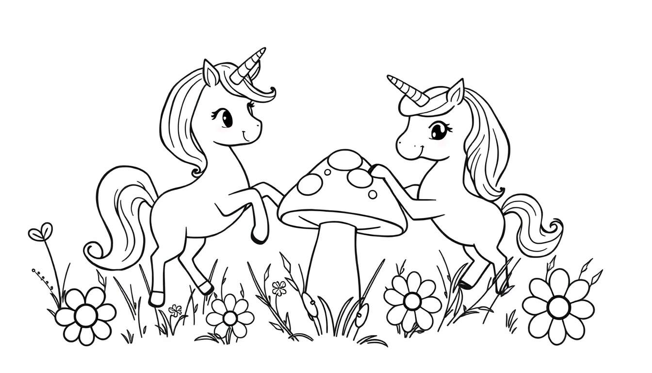 Placa de color con dos unicornios y un hongo.