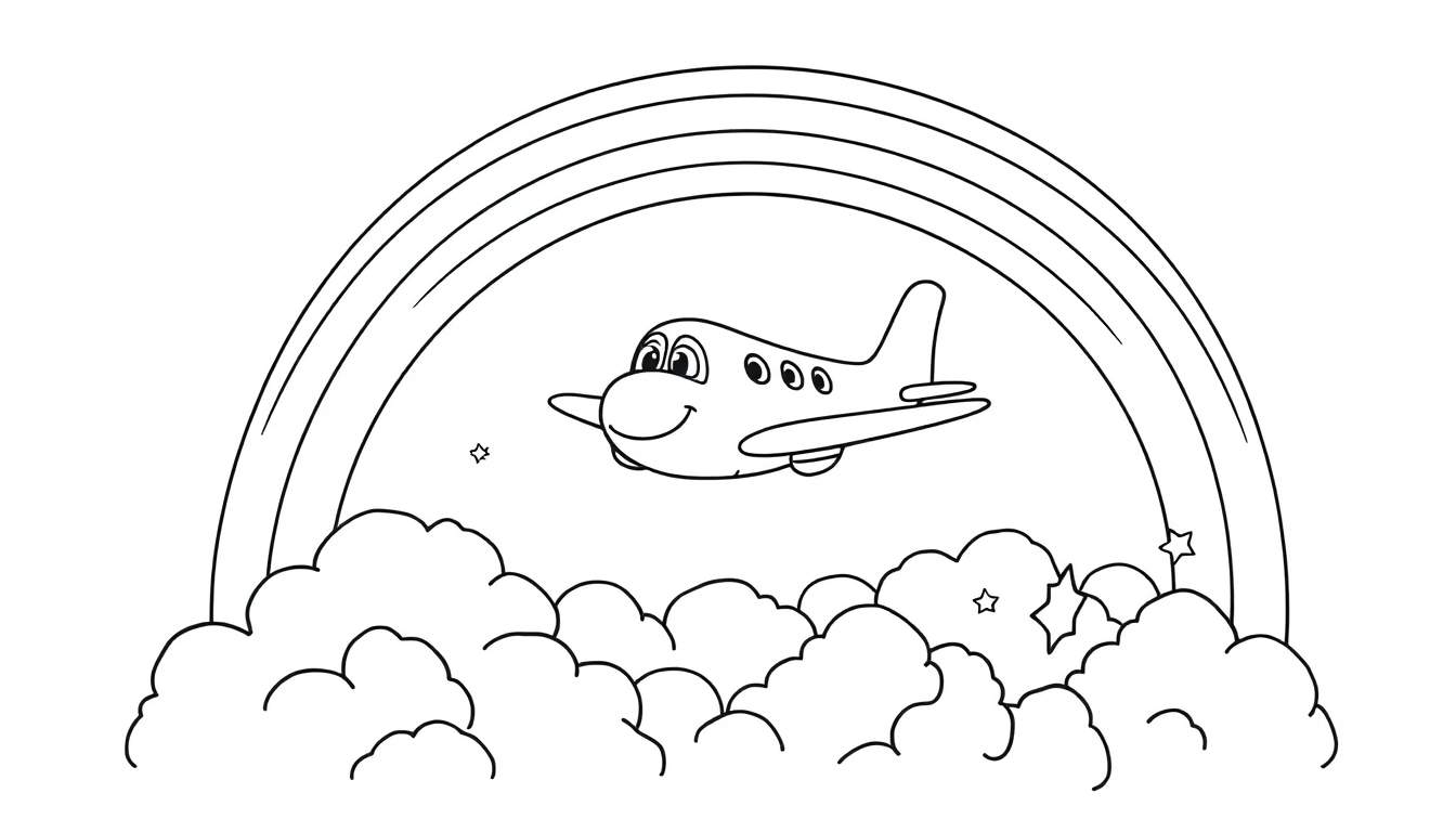 Placa de color de un avión amigable volando sobre nubes de algodón con un arcoíris brillante.