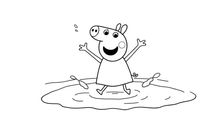 Peppa Pig saltando en un charco de barro, dibujo lineal en blanco y negro.