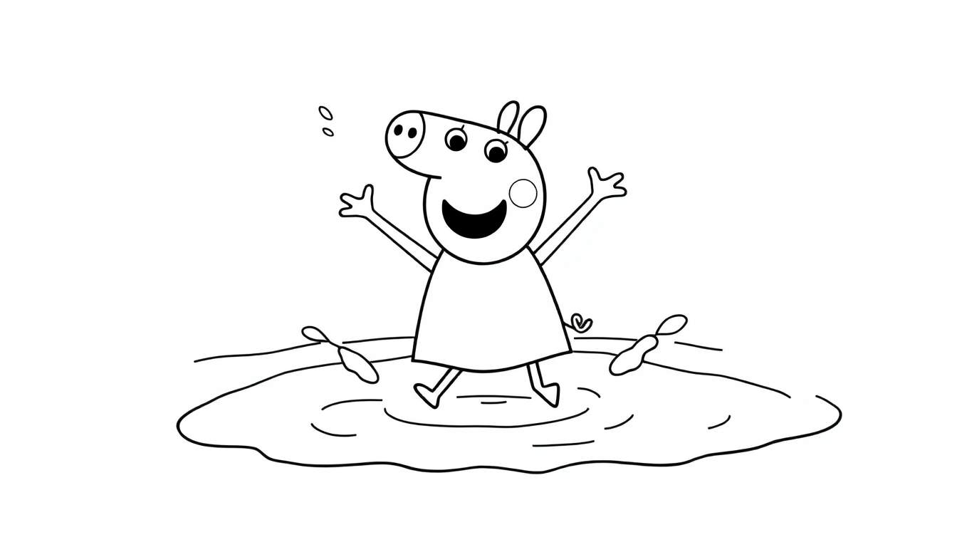 Peppa Pig saltando en un charco de barro, dibujo lineal en blanco y negro.