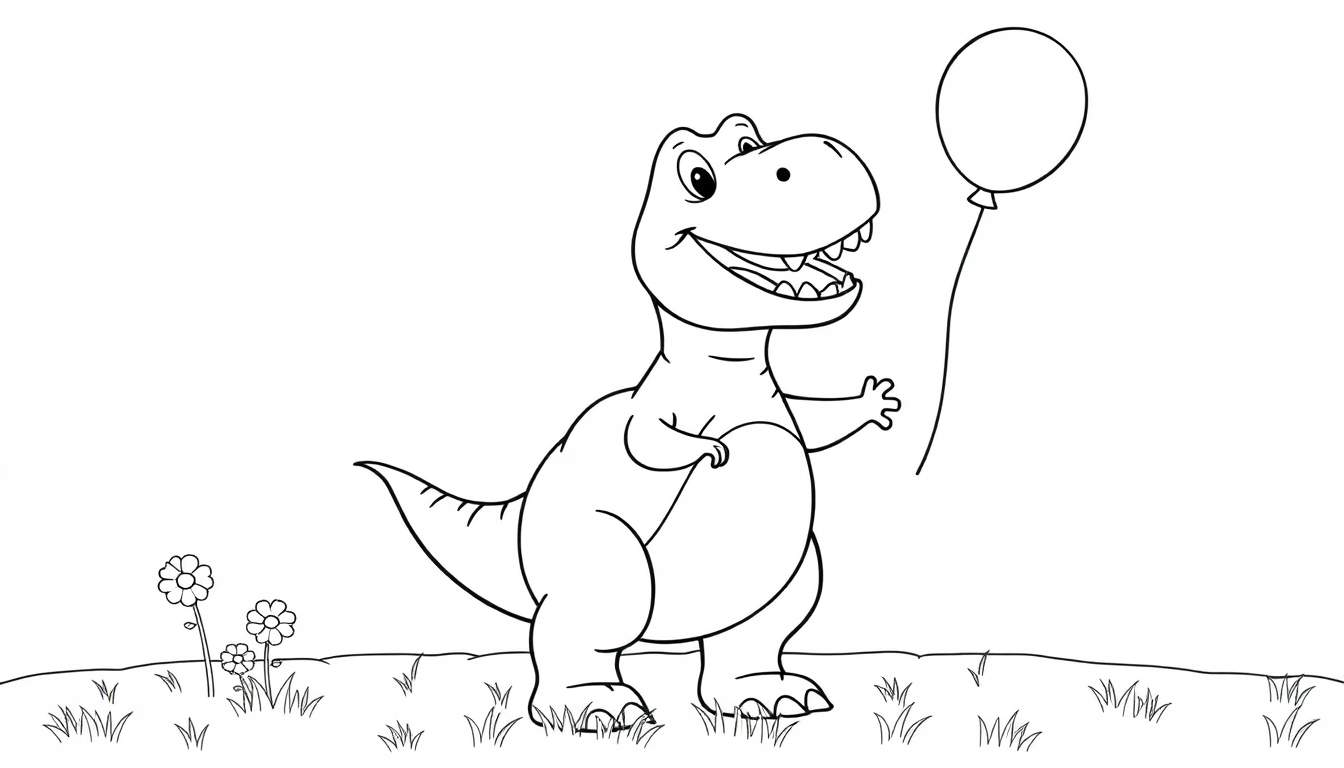 Placa de color de un T-Rex amigable con un globo.