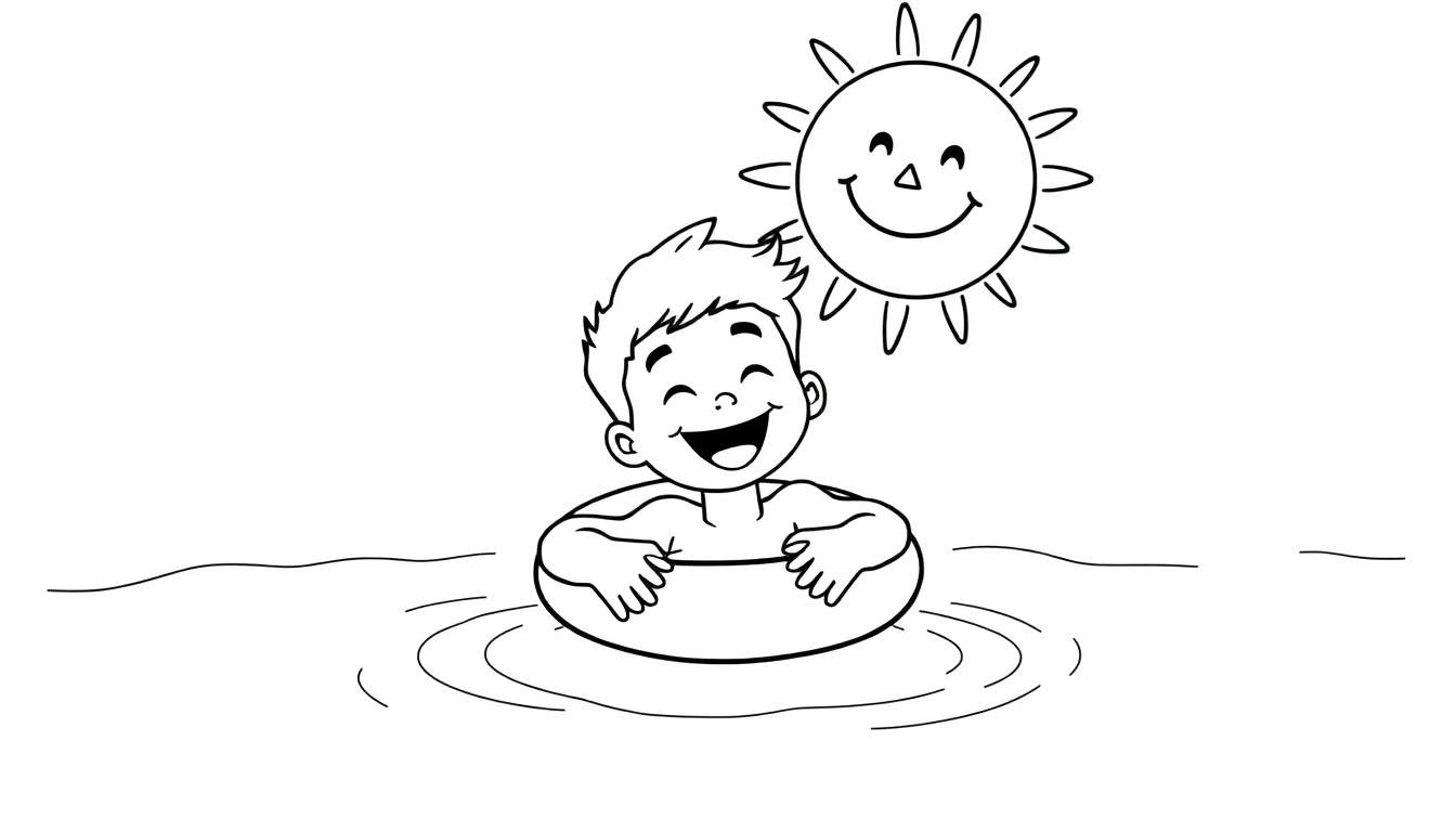 Placa de color de un niño sonriente flotando en una piscina con un salvavidas y un sol amigable arriba.