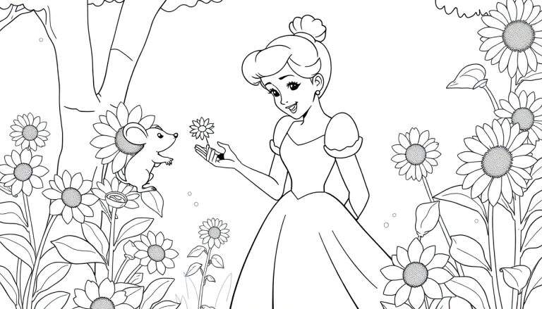 Placa de color de Cenicienta con su ratoncito Gus en un jardín lleno de flores.