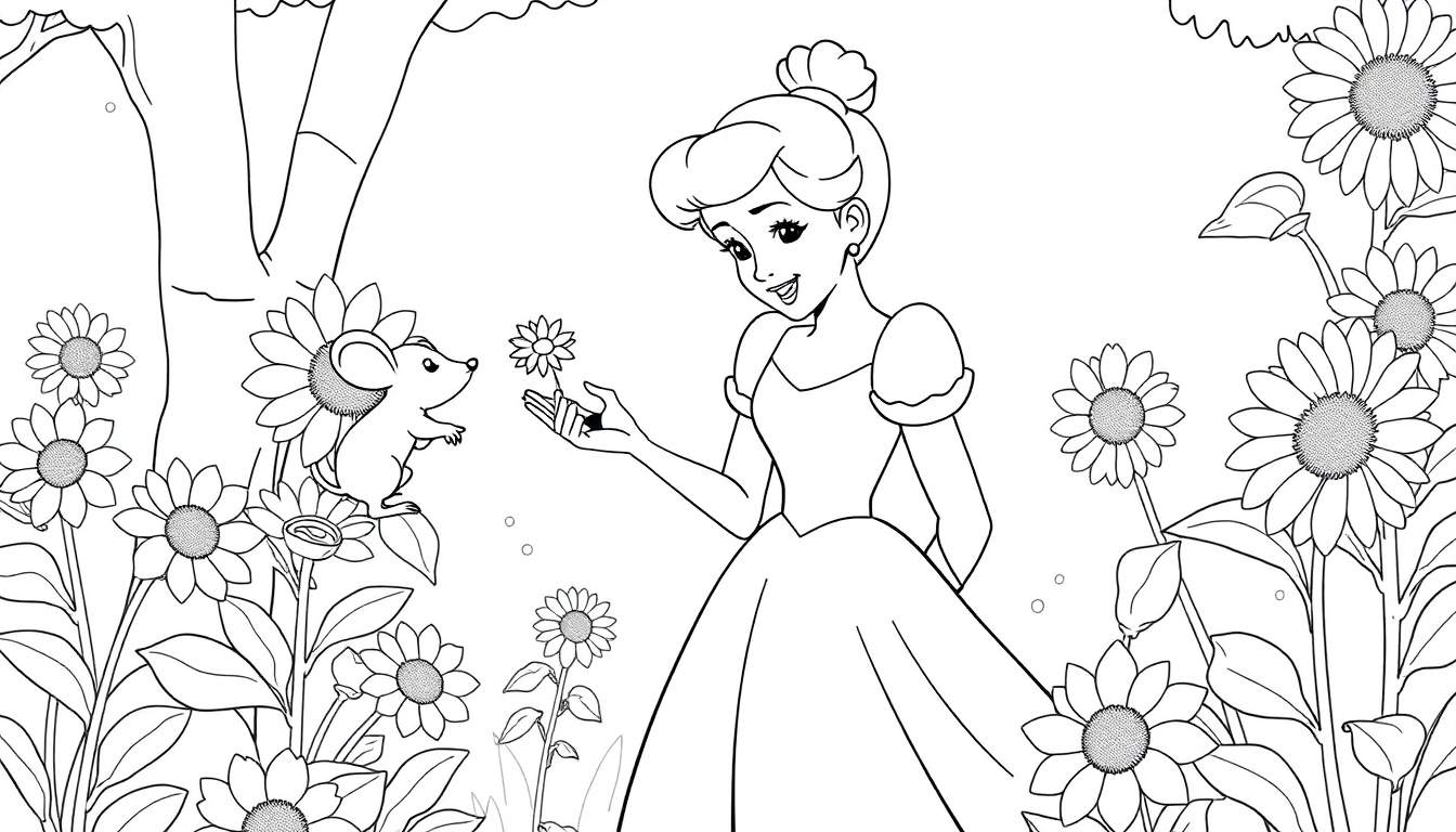 Placa de color de Cenicienta con su ratoncito Gus en un jardín lleno de flores.