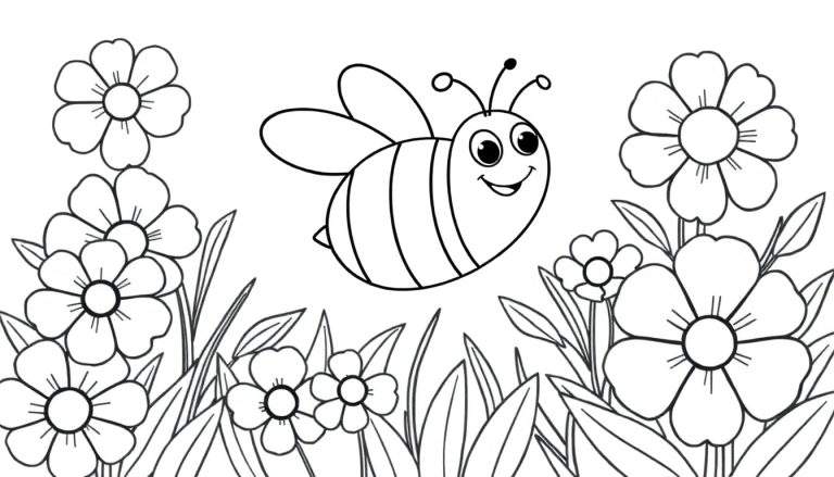 Placa de color de una abeja feliz volando entre flores de primavera.