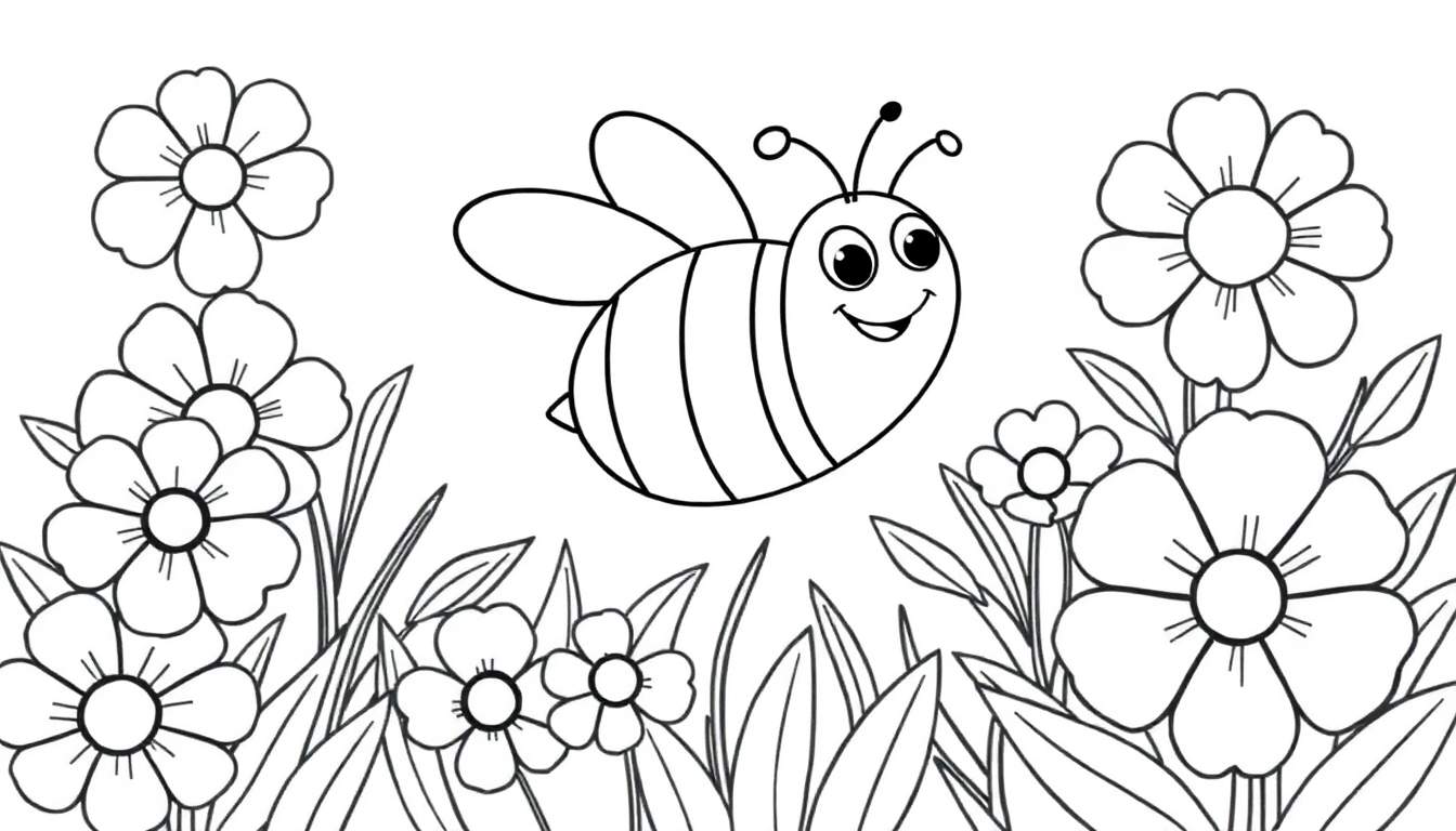 Placa de color de una abeja feliz volando entre flores de primavera.