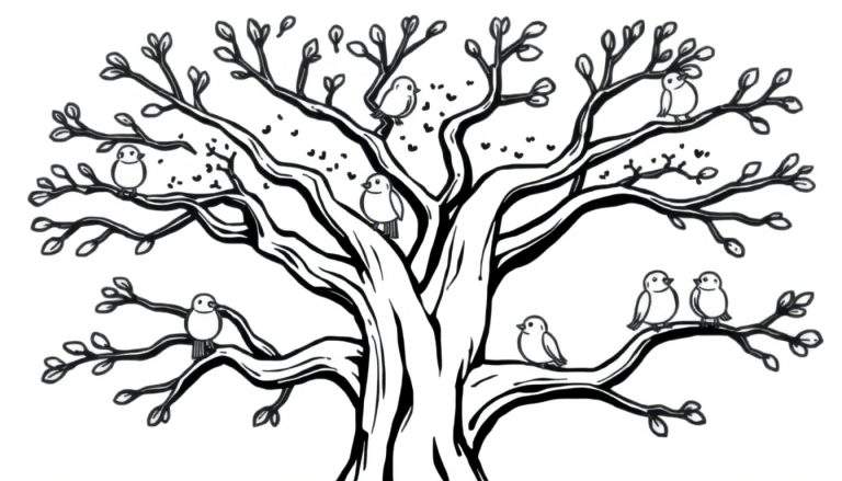 Un dibujo para colorear de un árbol grande con ramas donde se posan pájaros, con líneas gruesas.