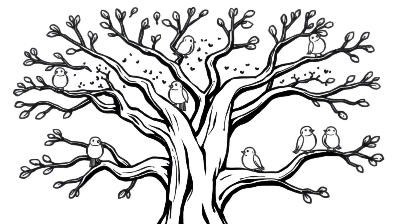 Un dibujo para colorear de un árbol grande con ramas donde se posan pájaros, con líneas gruesas.