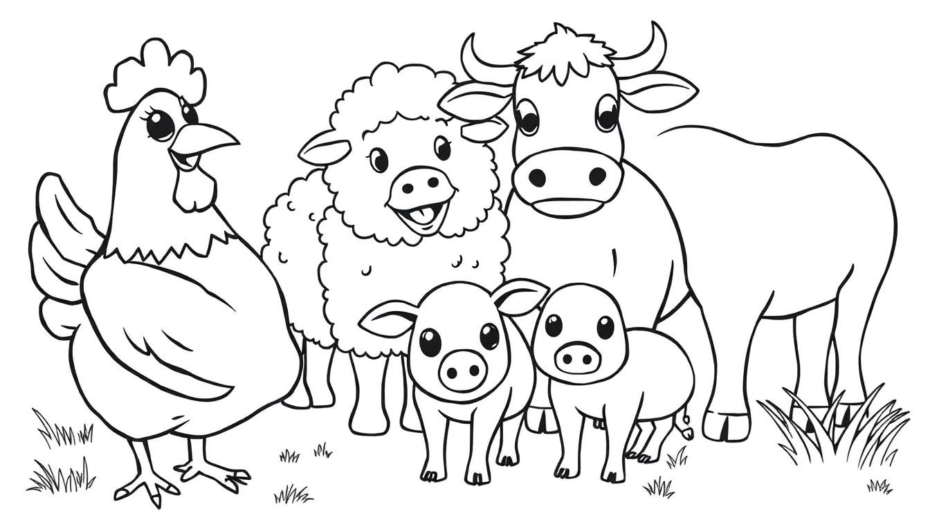 Una placa de color en blanco y negro con una gallina, una oveja, una vaca y dos cerdos pequeños parados juntos sobre hierba.