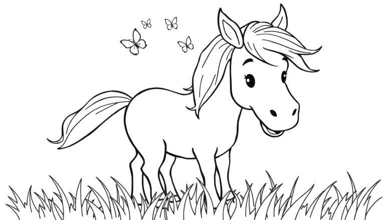 Caballo amigable para colorear en un campo con mariposas, página de placa de color.