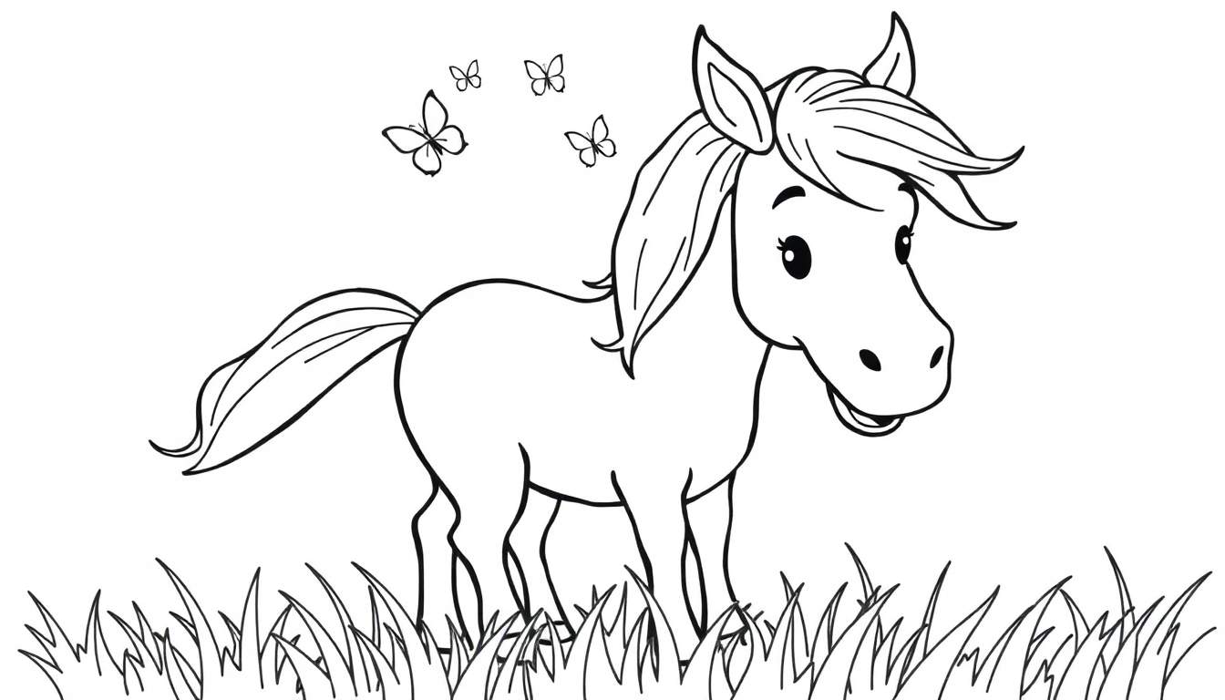 Caballo amigable para colorear en un campo con mariposas, página de placa de color.