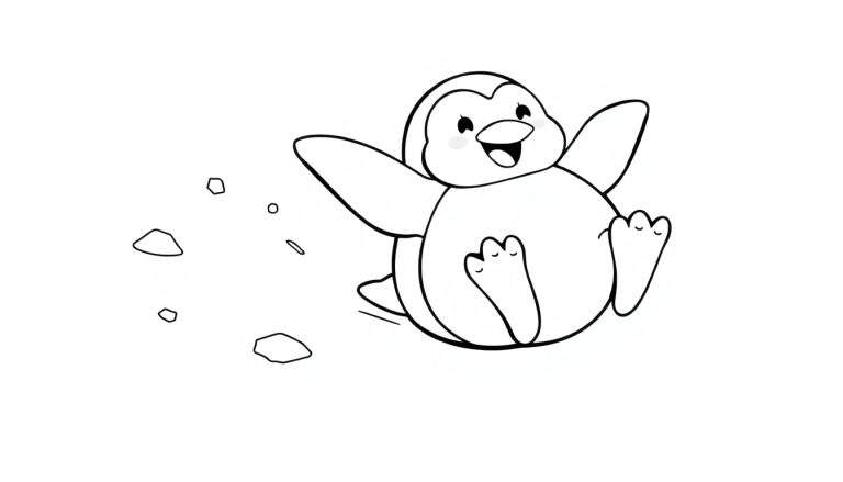 Pingüino sonriente deslizándose sobre hielo, listo para colorear en una placa de color.