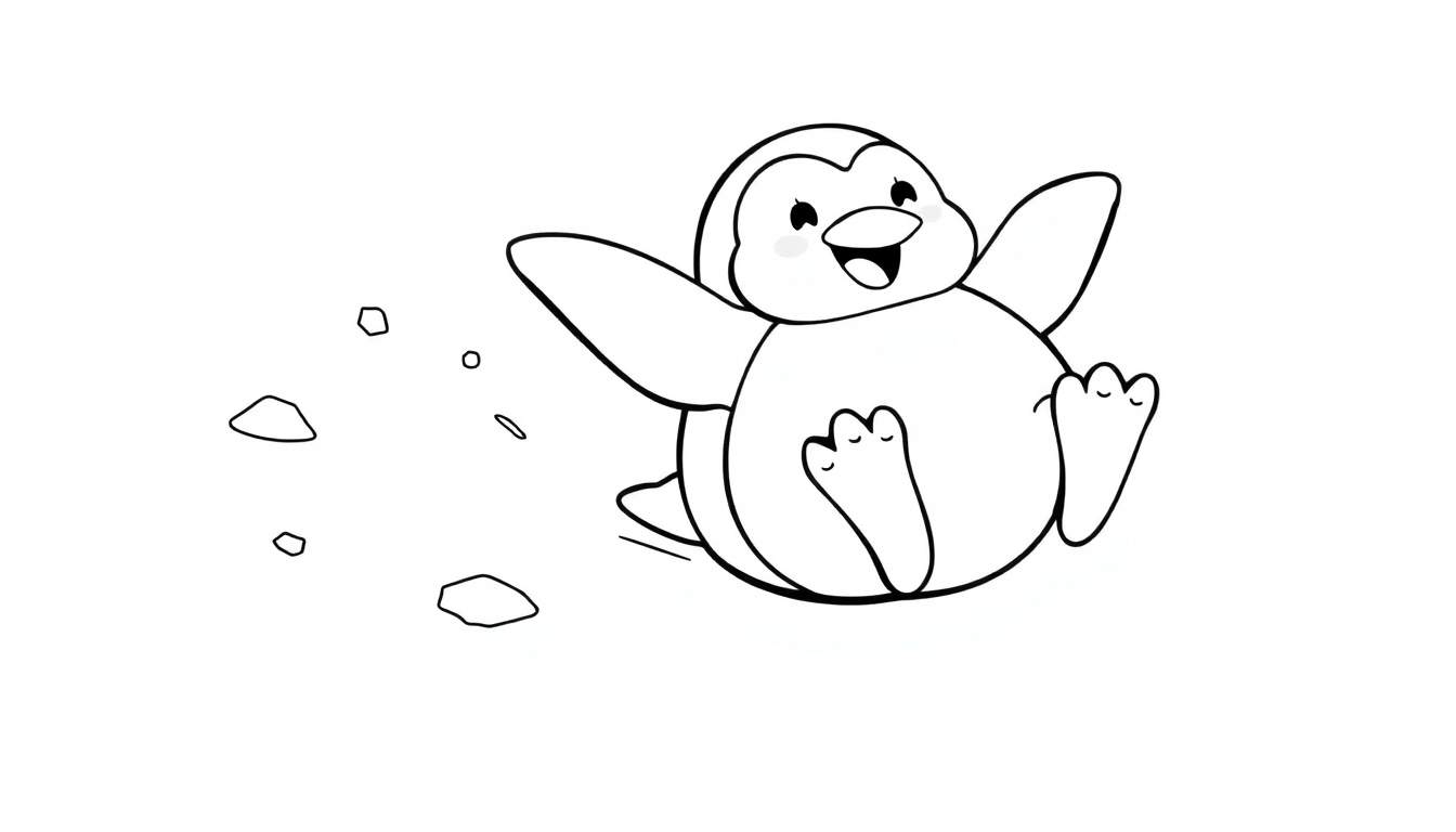 Pingüino sonriente deslizándose sobre hielo, listo para colorear en una placa de color.