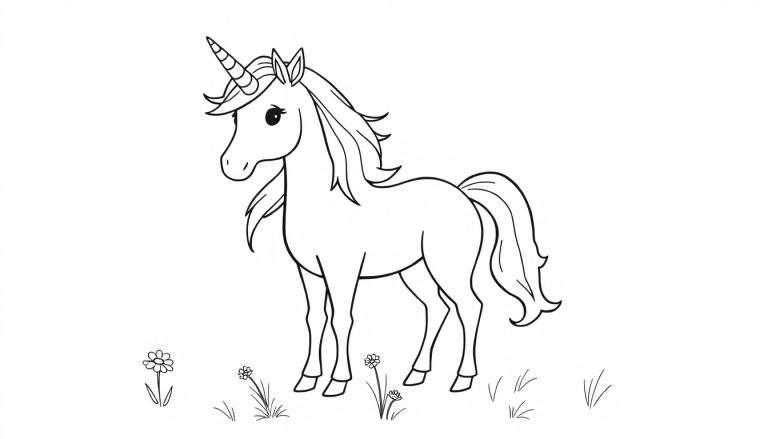 Placa de color de un unicornio amigable para niños con melena voladora.