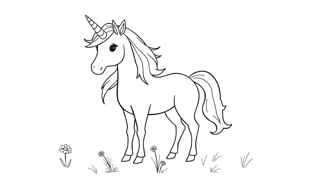 Placa de color de un unicornio amigable para niños con melena voladora.