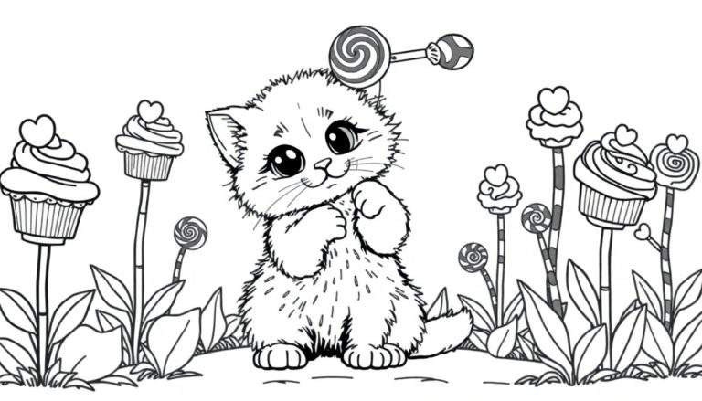 Placa de color con un gatito adorable en un jardín de dulces.