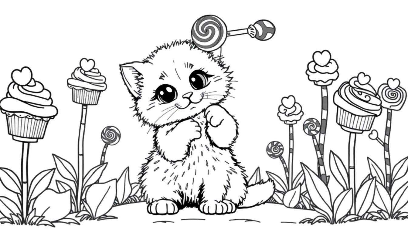 Placa de color con un gatito adorable en un jardín de dulces.