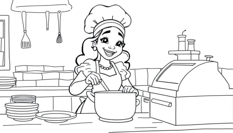 Página para colorear de Tiana con un gorro de chef y un delantal, mezclando en una olla, rodeada de elementos de cocina.