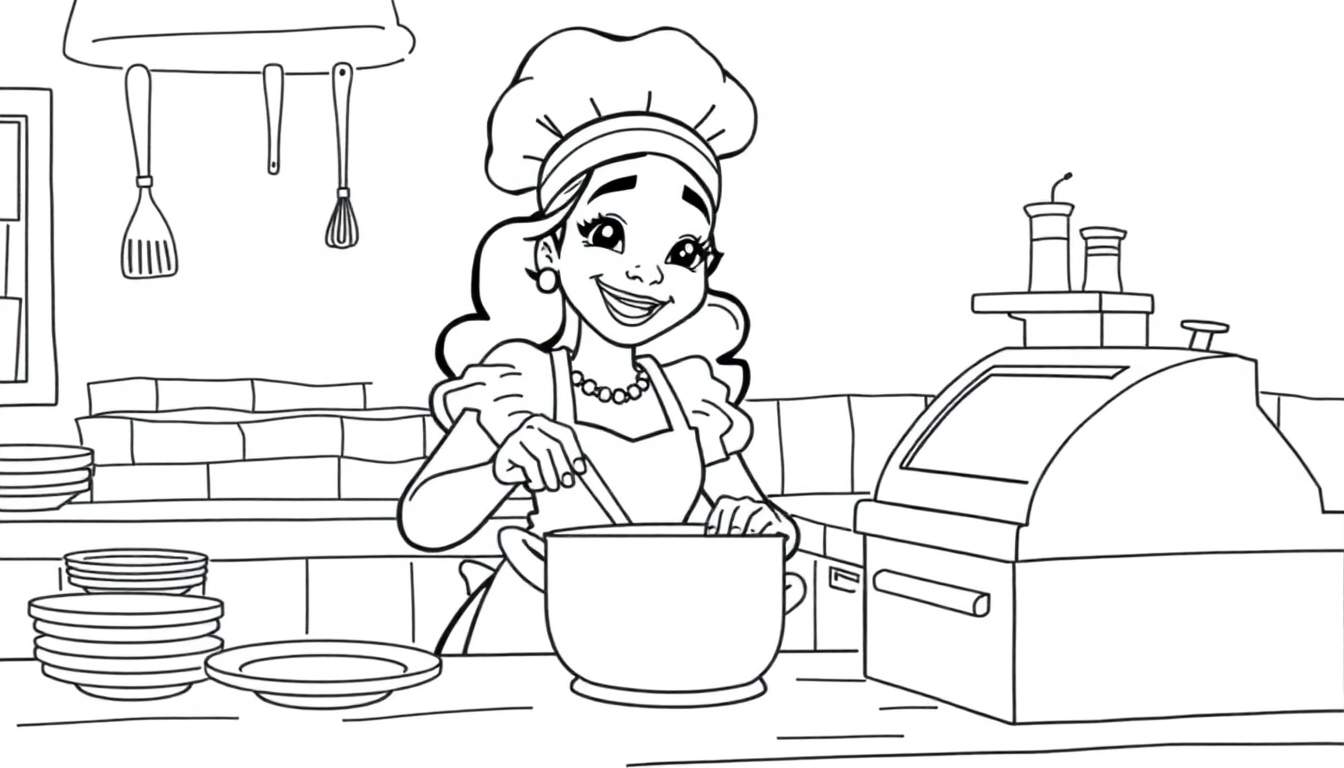 Página para colorear de Tiana con un gorro de chef y un delantal, mezclando en una olla, rodeada de elementos de cocina.