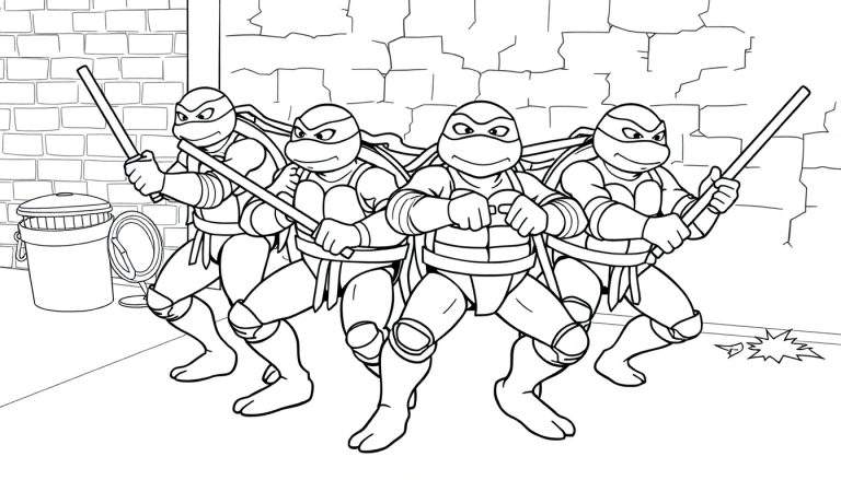 Placa de color de las Tortugas Ninja listas para la acción en un callejón.