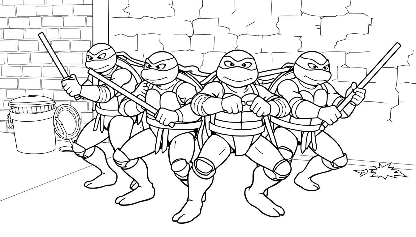 Placa de color de las Tortugas Ninja listas para la acción en un callejón.