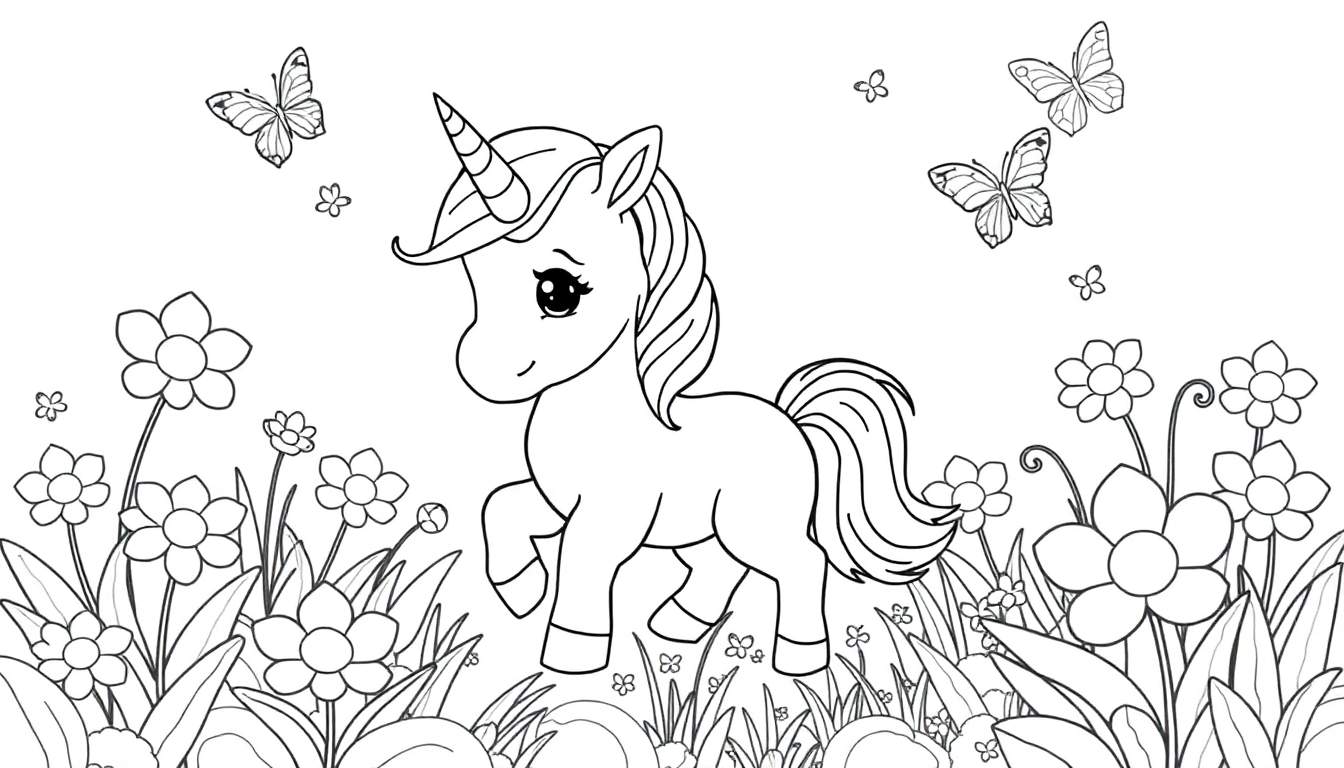 Placa de color de un unicornio bebé con melena arcoíris en un jardín de flores y mariposas.