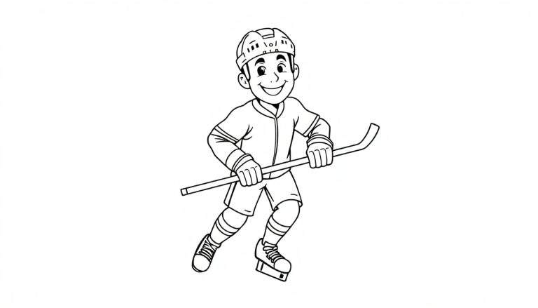 Un dibujo de un niño sonriente jugando al hockey sobre hielo, listo para colorear la placa.