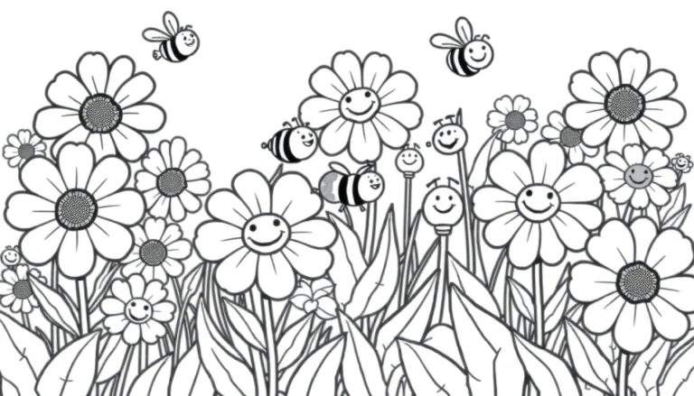 Placa de color para colorear de un jardín con flores sonrientes y abejas amigables.