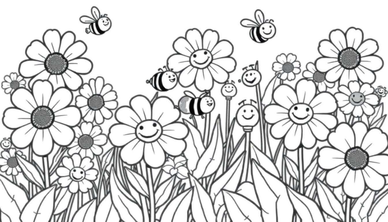 Placa de color para colorear de un jardín con flores sonrientes y abejas amigables.