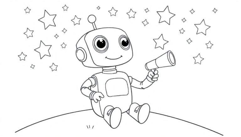 Placa de color de un robot amigable contando estrellas.