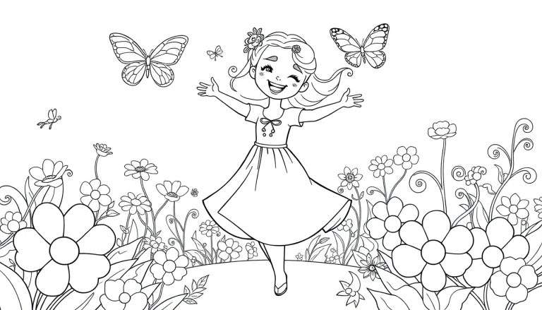 Niña Jazmín bailando con mariposas en un jardín, placa de color.