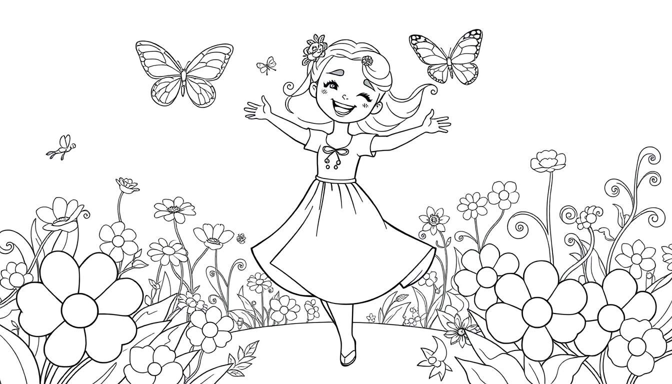 Niña Jazmín bailando con mariposas en un jardín, placa de color.